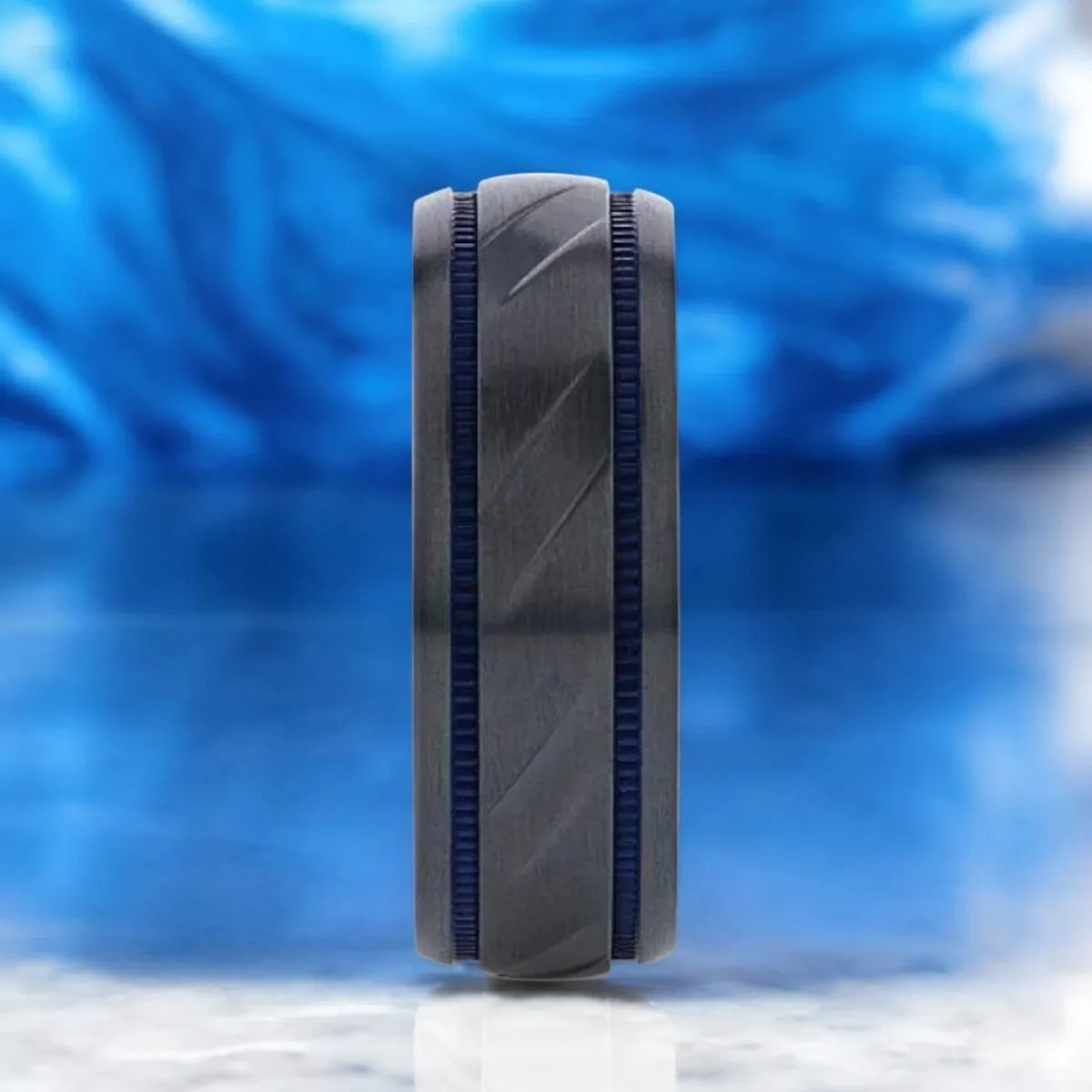 PATROL | Black Titanium Ring, Blue Milgrain Grooves, Carved Diagonal Pattern, Domed