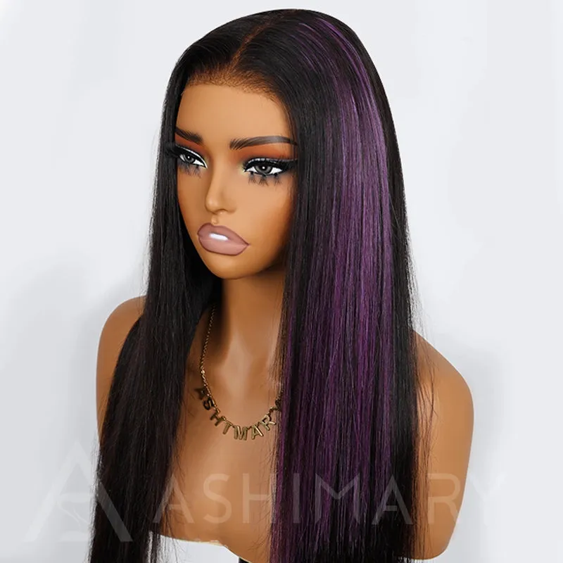 Peel & Tape Reusable Purple Peekaboo Balayage Highlight Human Hair Extension Long Silky Straight Hair Easy Tape Ins 10Pcs/25g