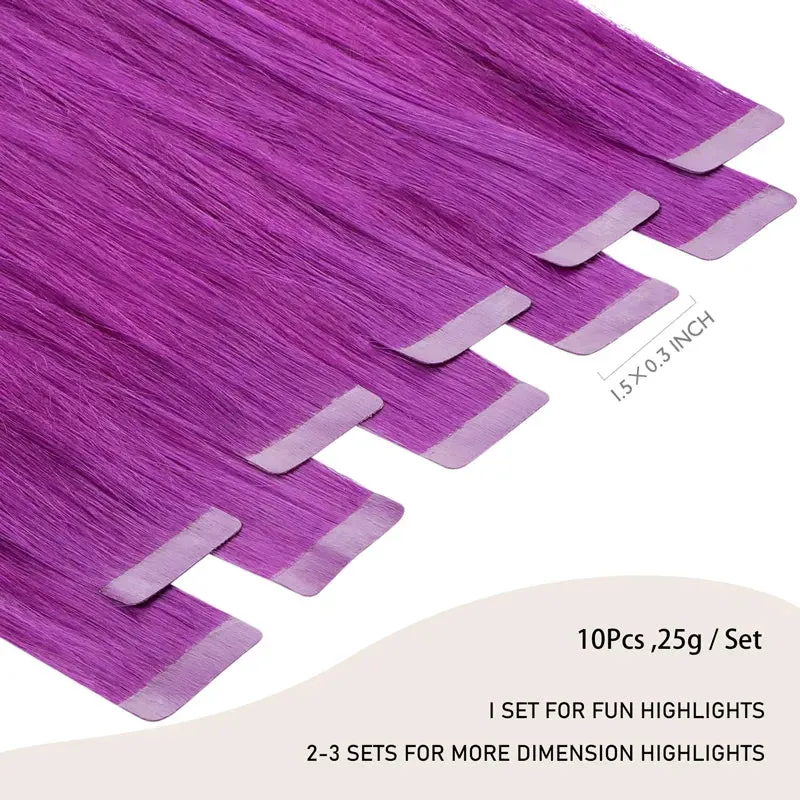 Peel & Tape Reusable Purple Peekaboo Balayage Highlight Human Hair Extension Long Silky Straight Hair Easy Tape Ins 10Pcs/25g