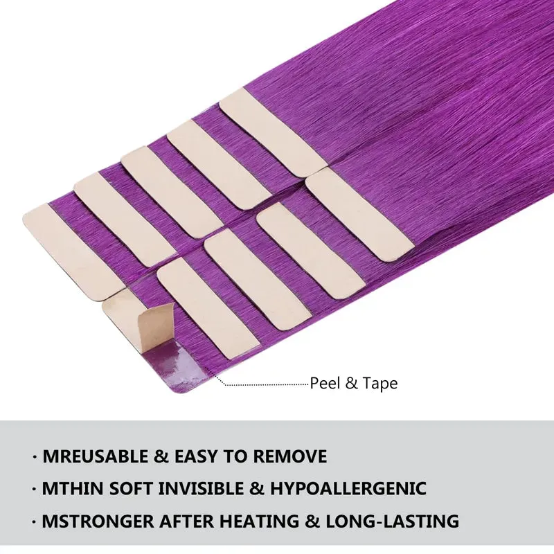 Peel & Tape Reusable Purple Peekaboo Balayage Highlight Human Hair Extension Long Silky Straight Hair Easy Tape Ins 10Pcs/25g