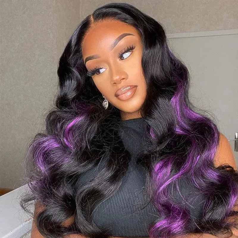 Peel & Tape Reusable Purple Peekaboo Balayage Highlight Human Hair Extension Long Silky Straight Hair Easy Tape Ins 10Pcs/25g
