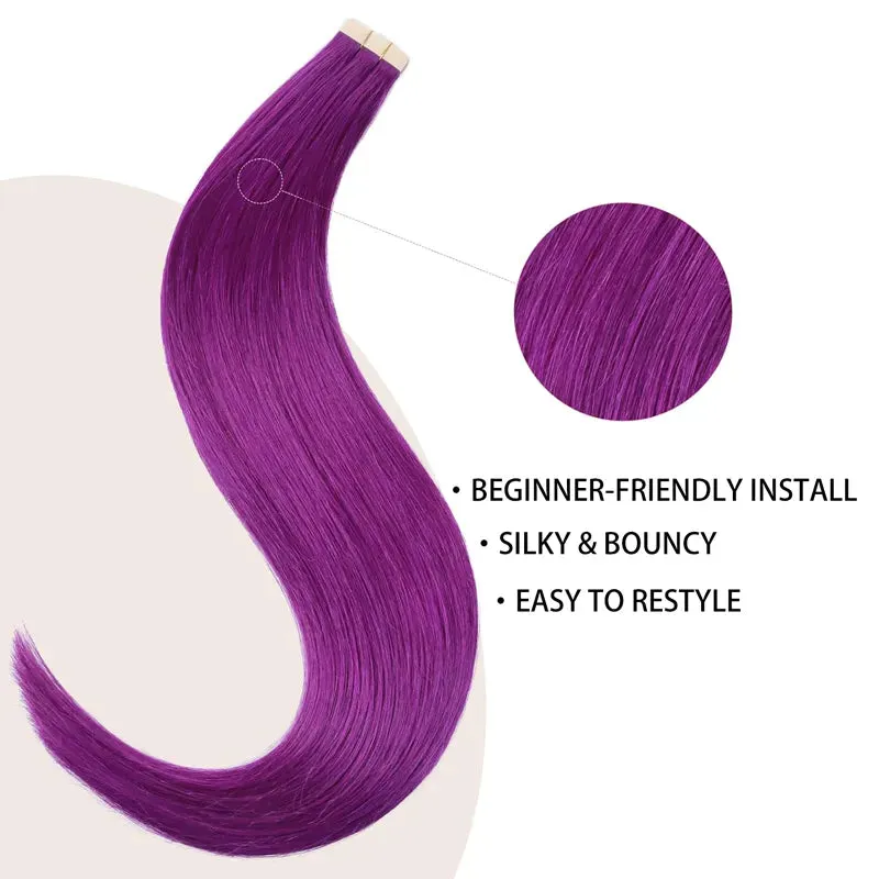 Peel & Tape Reusable Purple Peekaboo Balayage Highlight Human Hair Extension Long Silky Straight Hair Easy Tape Ins 10Pcs/25g