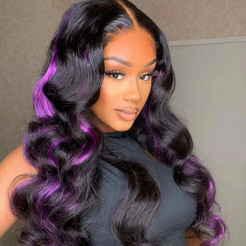 Peel & Tape Reusable Purple Peekaboo Balayage Highlight Human Hair Extension Long Silky Straight Hair Easy Tape Ins 10Pcs/25g