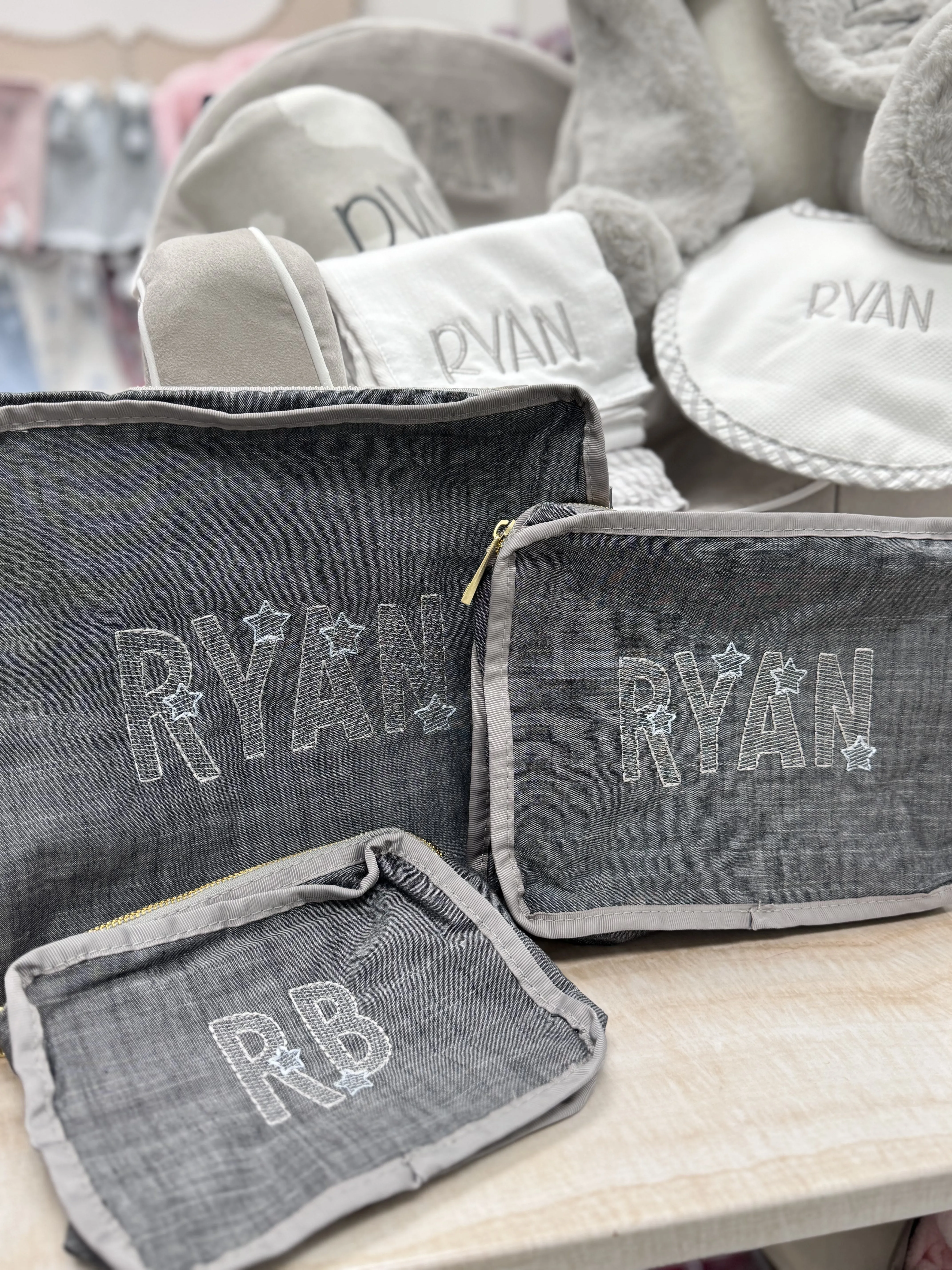 Personalized Chambray Grey Organizing Trio