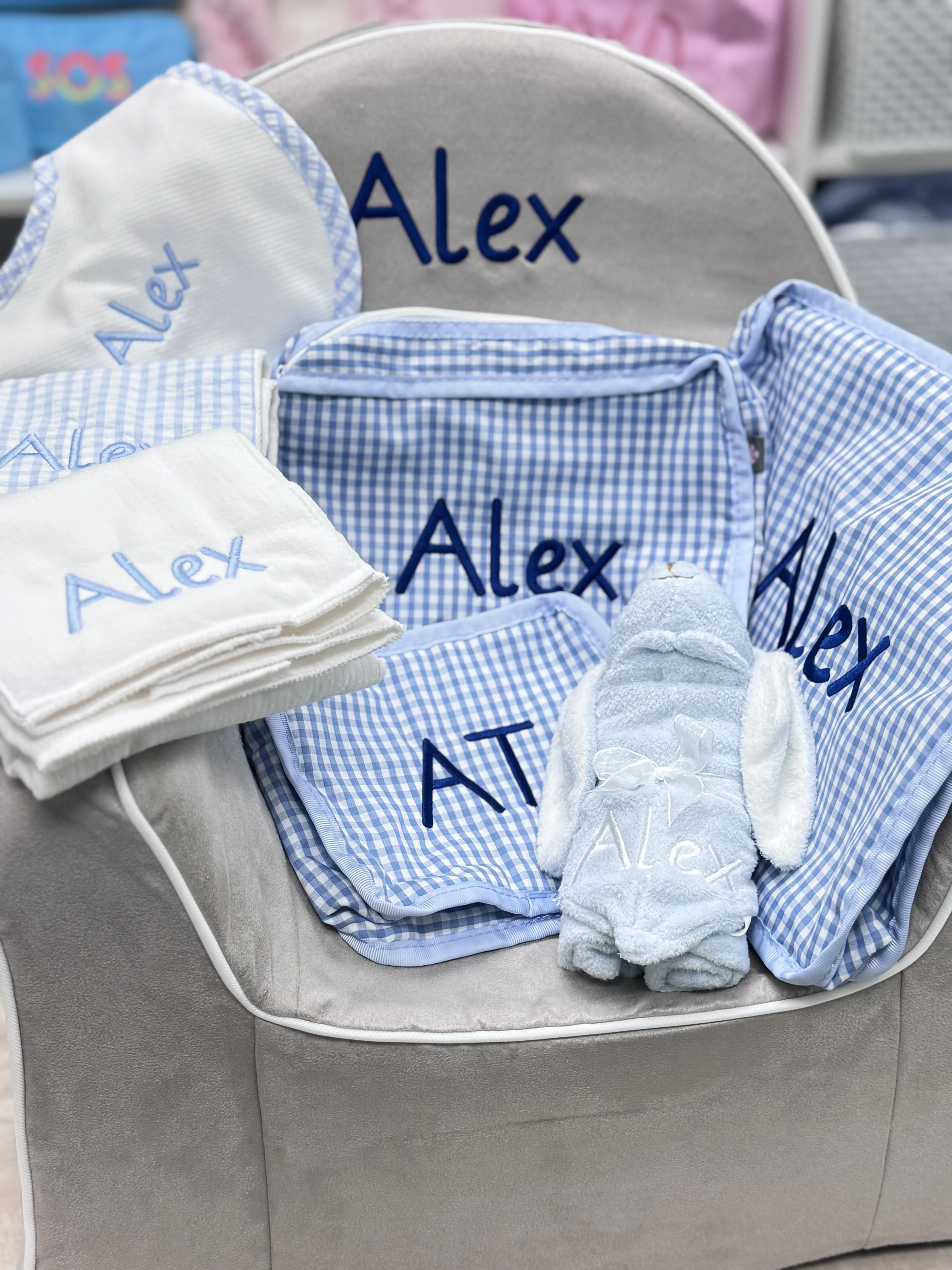 Personalized Gingham Baby Blue Organizing Trio