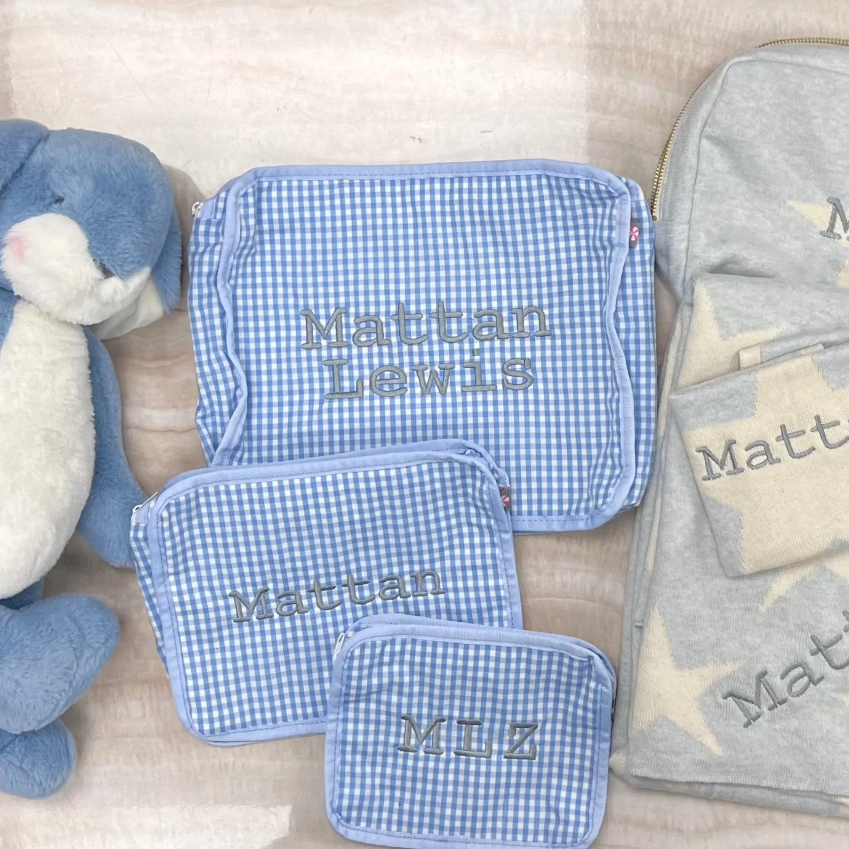 Personalized Gingham Baby Blue Organizing Trio
