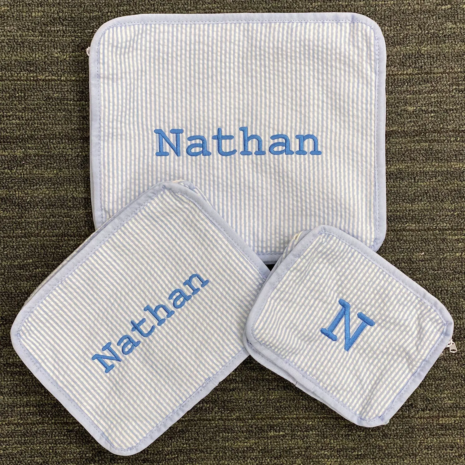Personalized Seersucker Baby Blue Organizing Trio