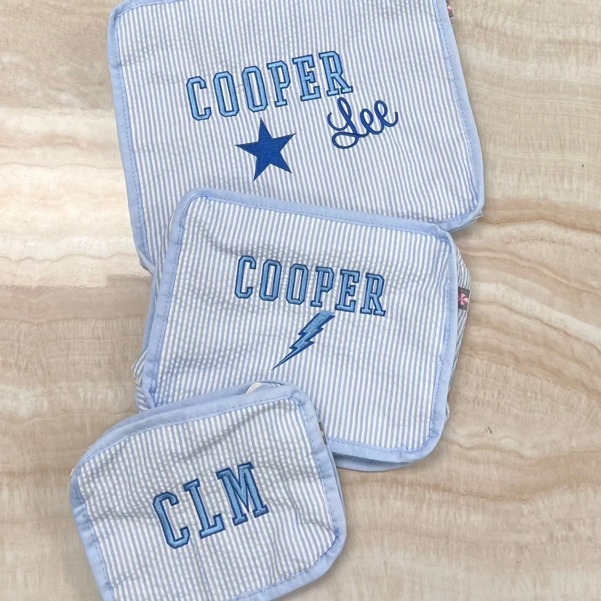Personalized Seersucker Baby Blue Organizing Trio