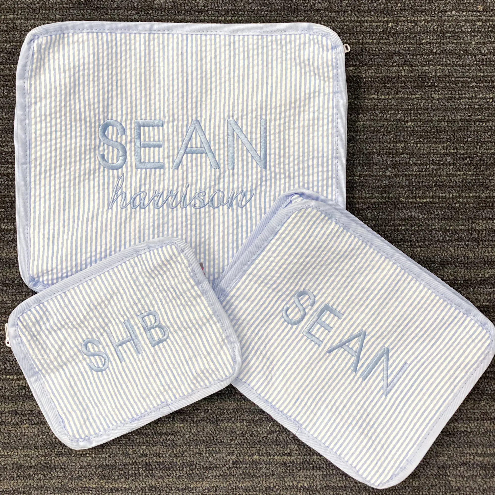 Personalized Seersucker Baby Blue Organizing Trio