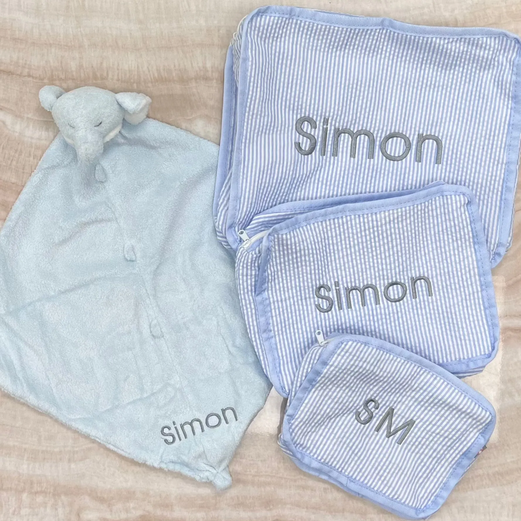 Personalized Seersucker Baby Blue Organizing Trio