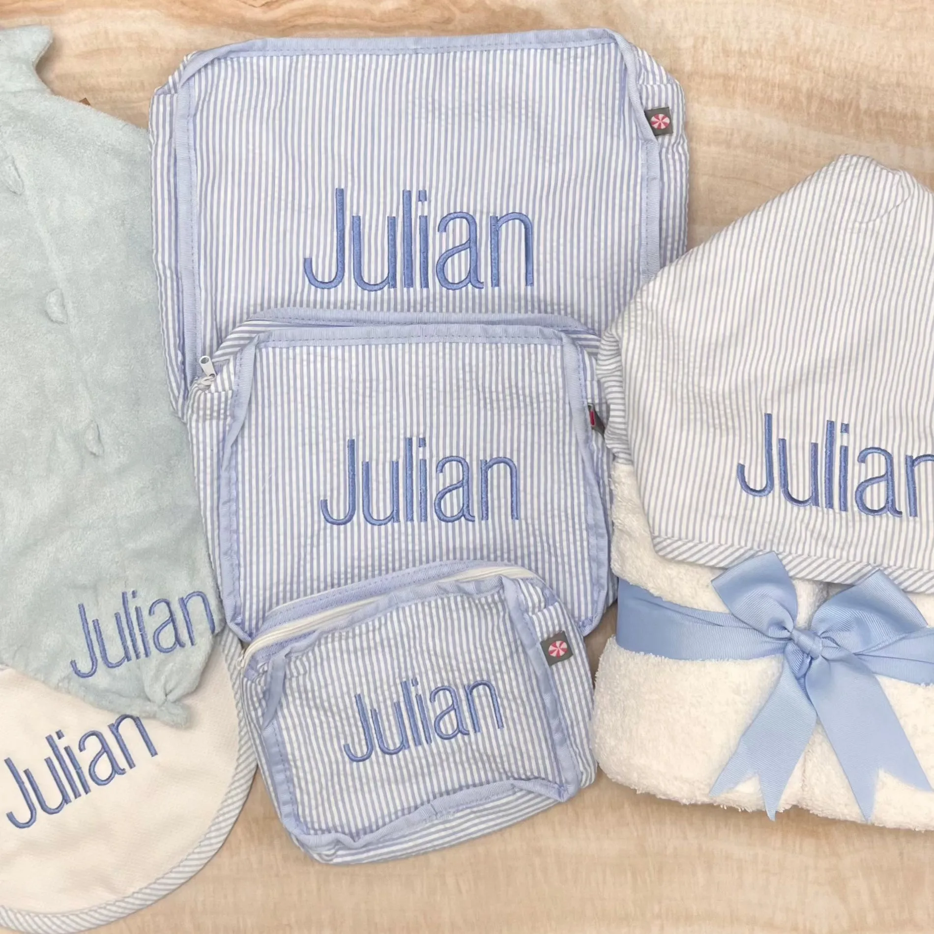 Personalized Seersucker Baby Blue Organizing Trio