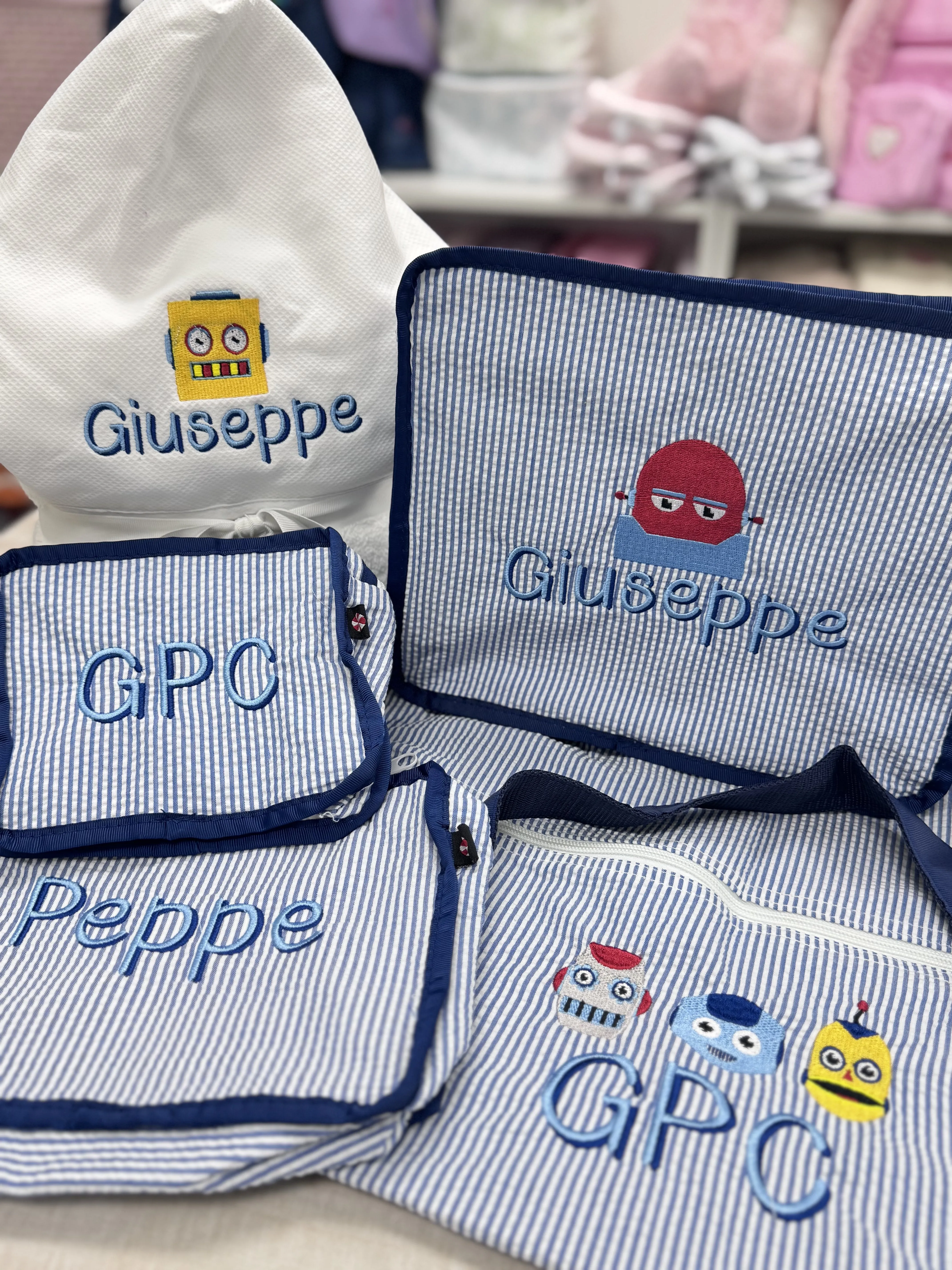 Personalized Seersucker Blue Navy Organizing Trio