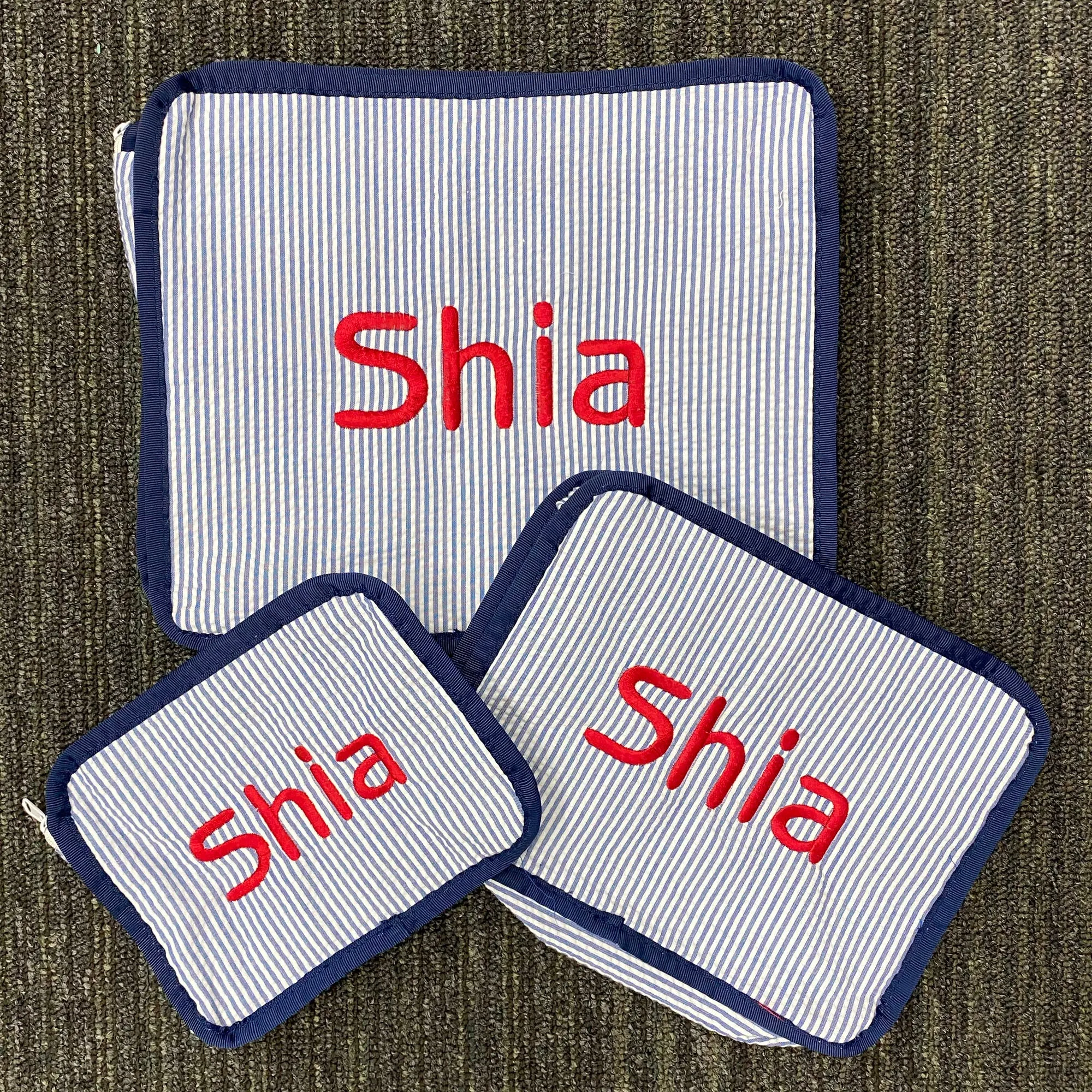 Personalized Seersucker Blue Navy Organizing Trio