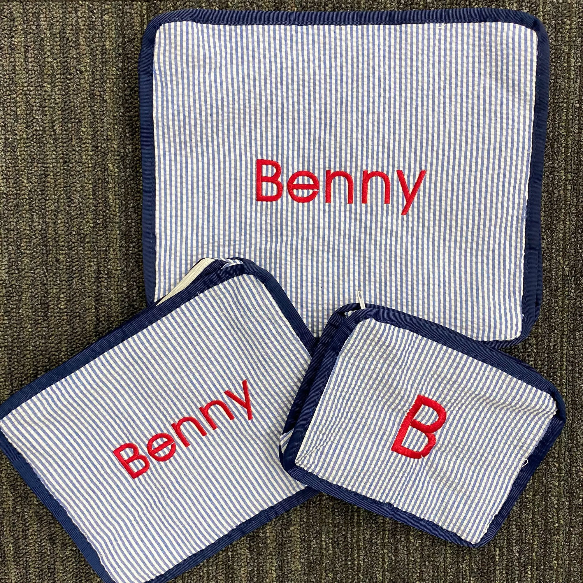 Personalized Seersucker Blue Navy Organizing Trio