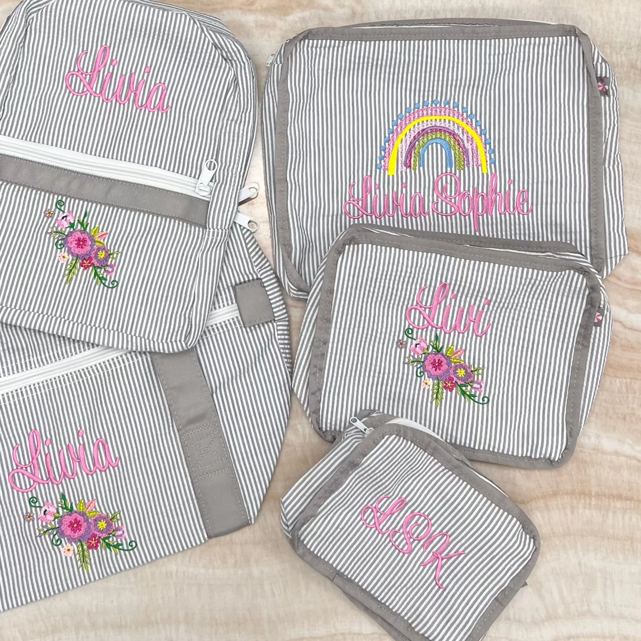 Personalized Seersucker Grey Organizing Trio