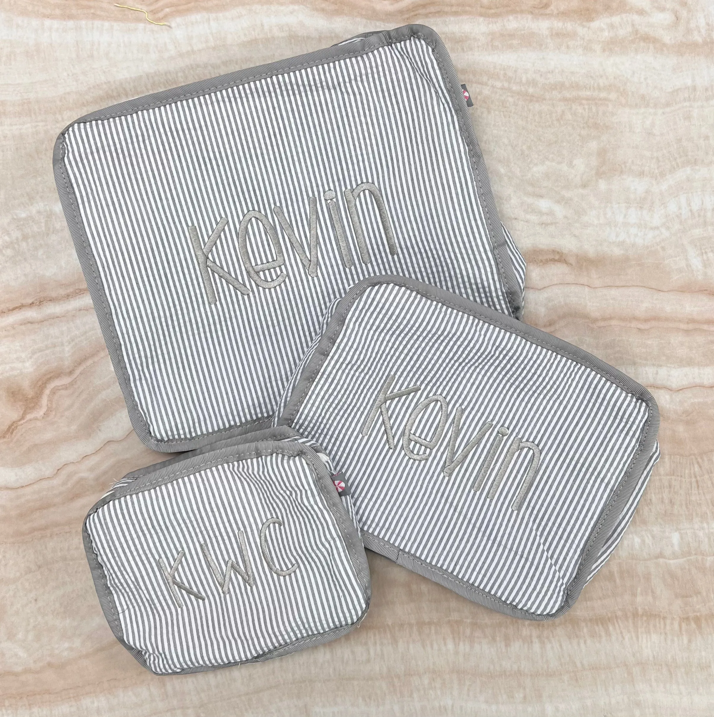 Personalized Seersucker Grey Organizing Trio