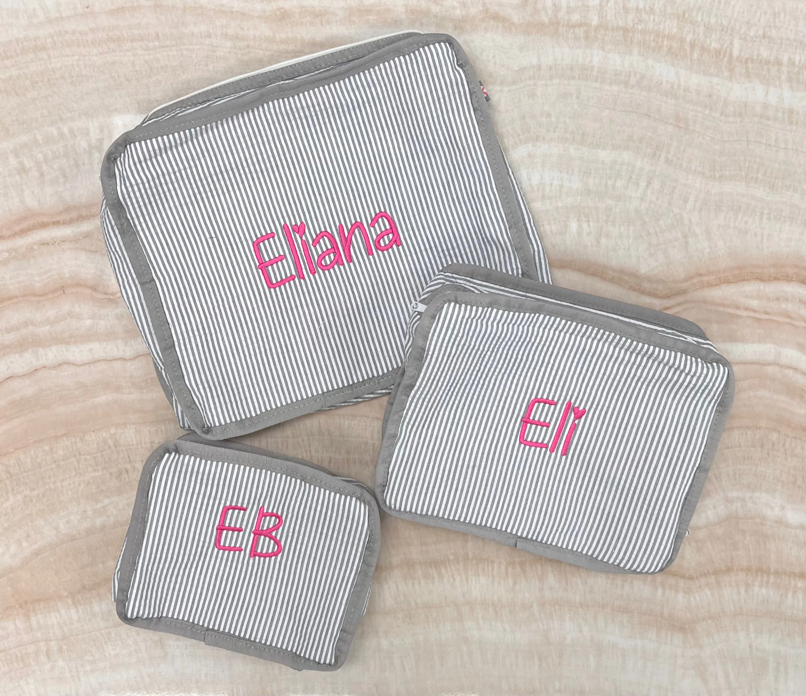 Personalized Seersucker Grey Organizing Trio