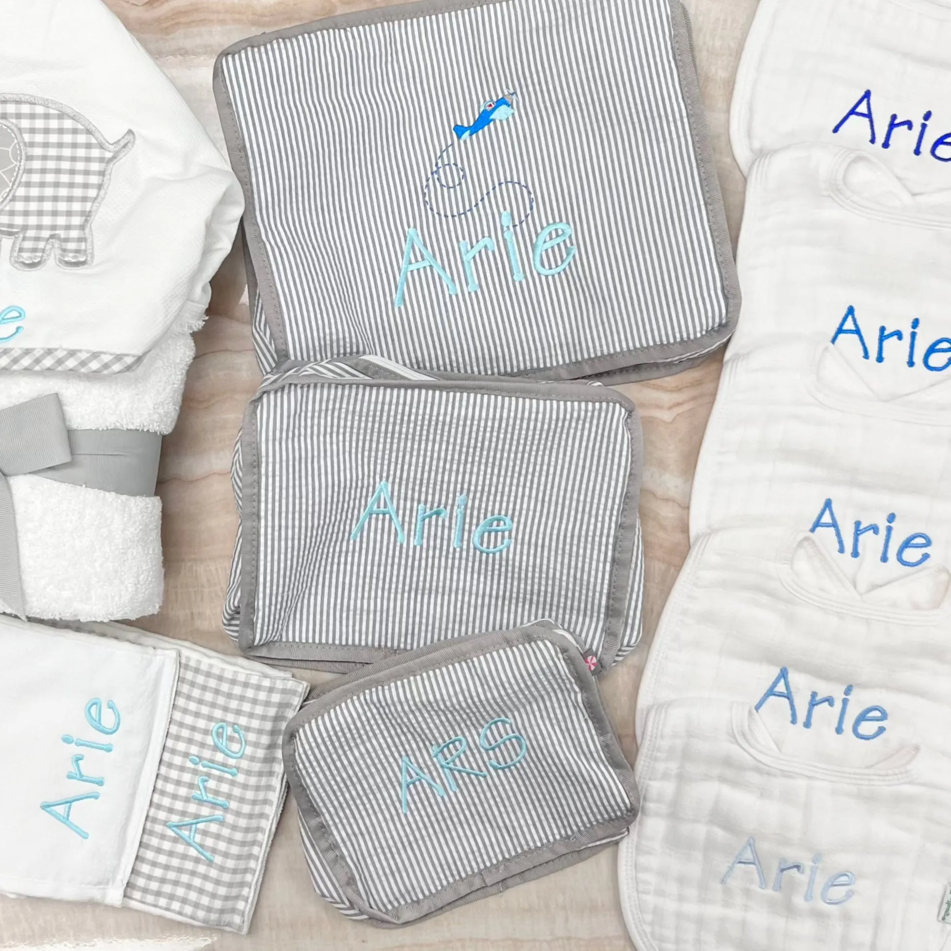 Personalized Seersucker Grey Organizing Trio