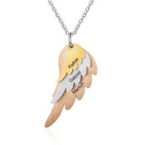 Personalized Wings Necklace with 3 Names Mixed Steel & Rose Gold & Gold Color Custom Family Engraved Necklace