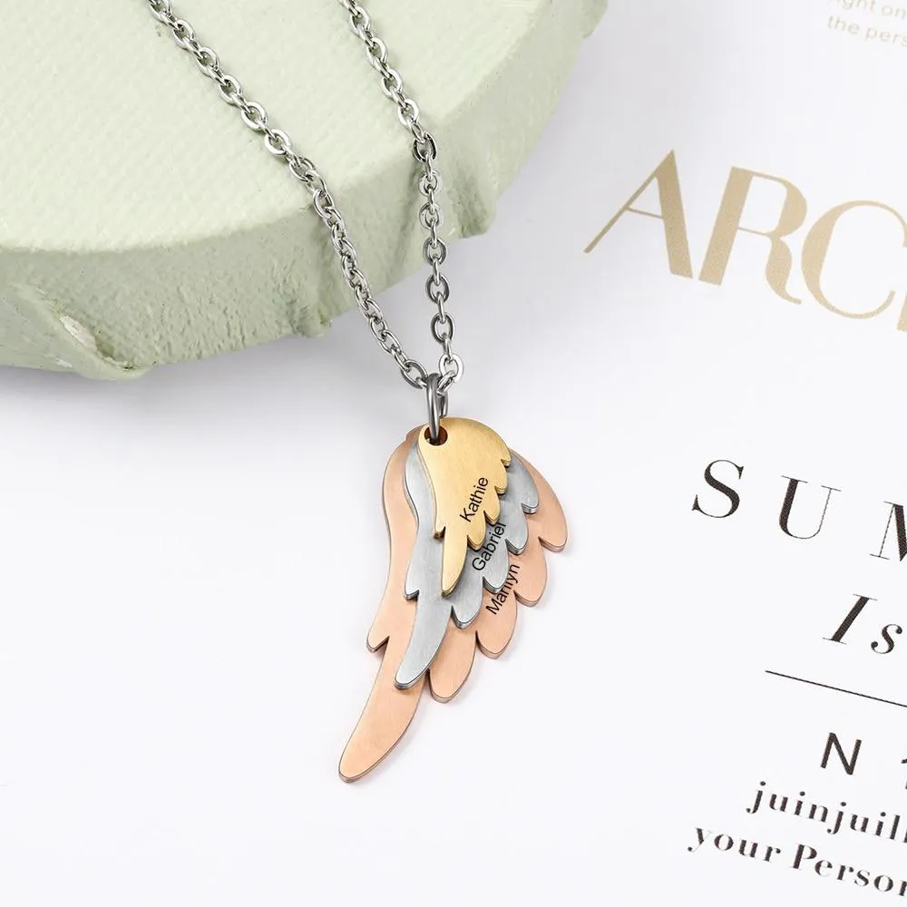 Personalized Wings Necklace with 3 Names Mixed Steel & Rose Gold & Gold Color Custom Family Engraved Necklace