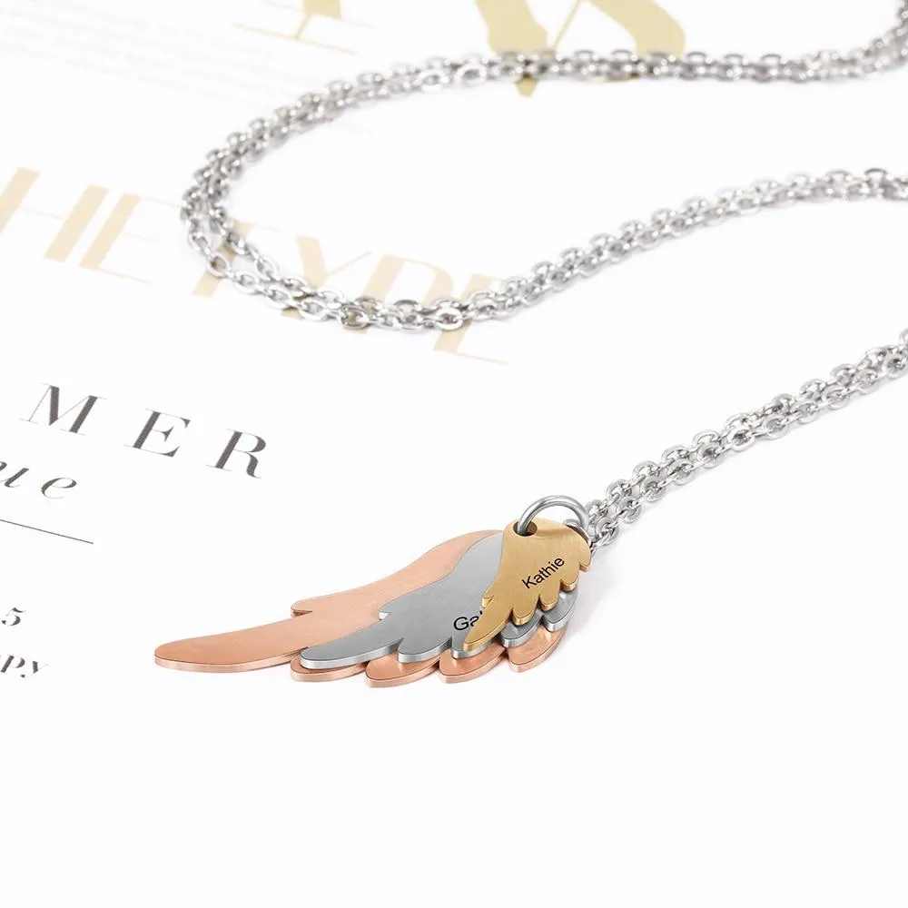 Personalized Wings Necklace with 3 Names Mixed Steel & Rose Gold & Gold Color Custom Family Engraved Necklace