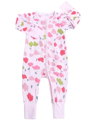 Pink Pansies - Pink Baby Zip Sleepsuit with Hand & Feet Cuffs