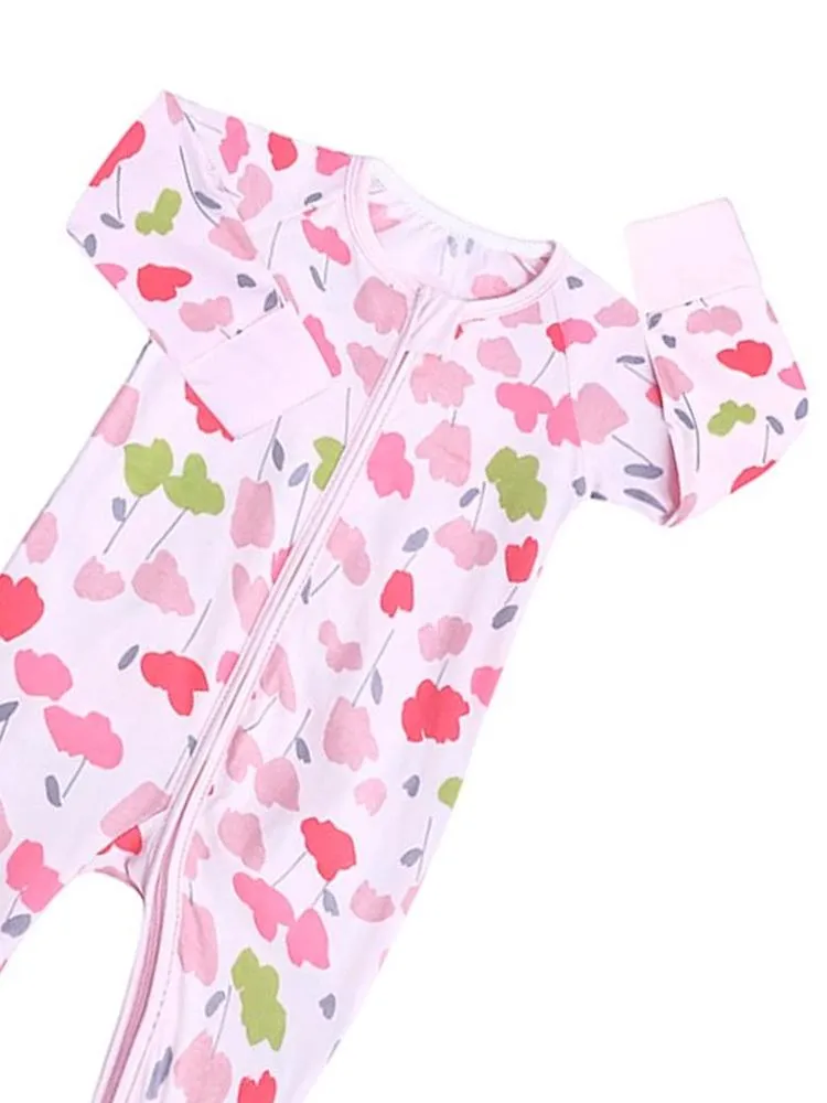 Pink Pansies - Pink Baby Zip Sleepsuit with Hand & Feet Cuffs