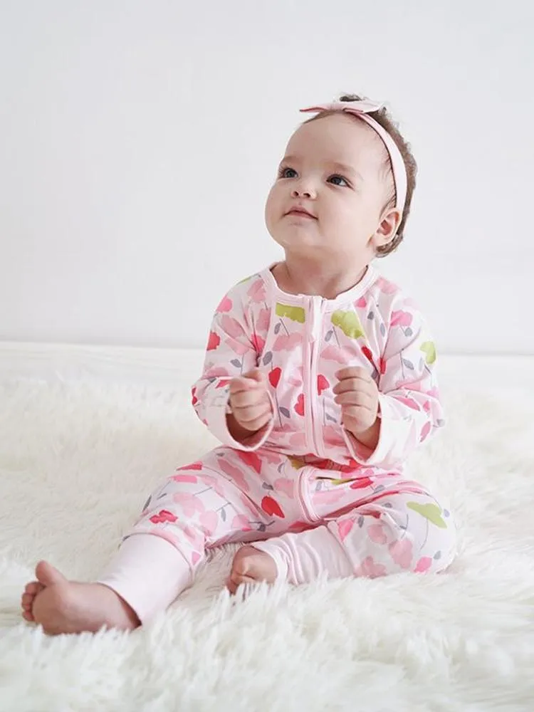 Pink Pansies - Pink Baby Zip Sleepsuit with Hand & Feet Cuffs