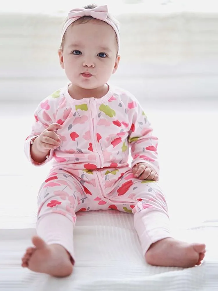 Pink Pansies - Pink Baby Zip Sleepsuit with Hand & Feet Cuffs
