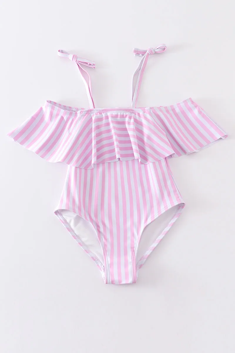 Pink Stripe Strap Girl Swimsuit One Piece Upf50 