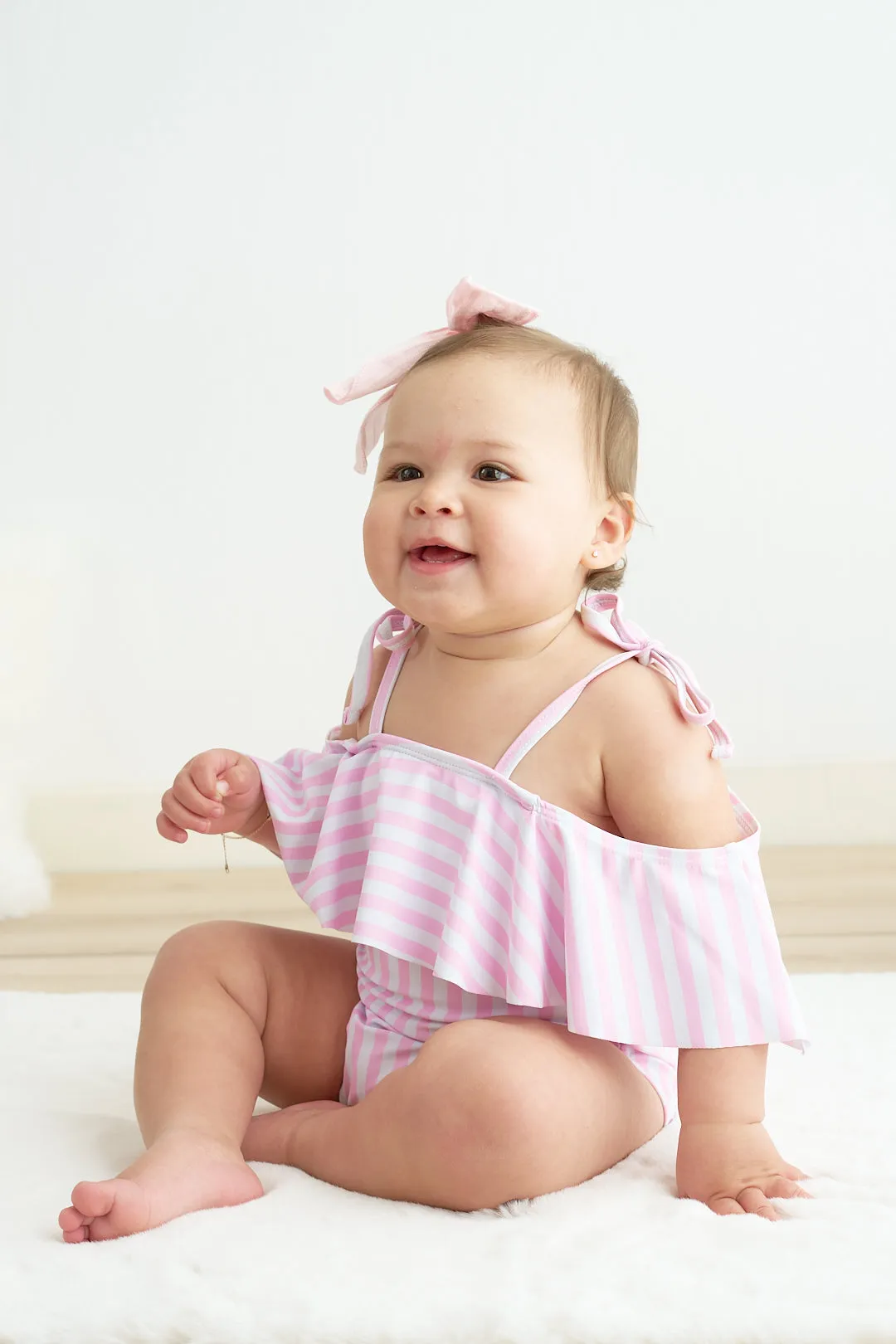 Pink Stripe Strap Girl Swimsuit One Piece Upf50 