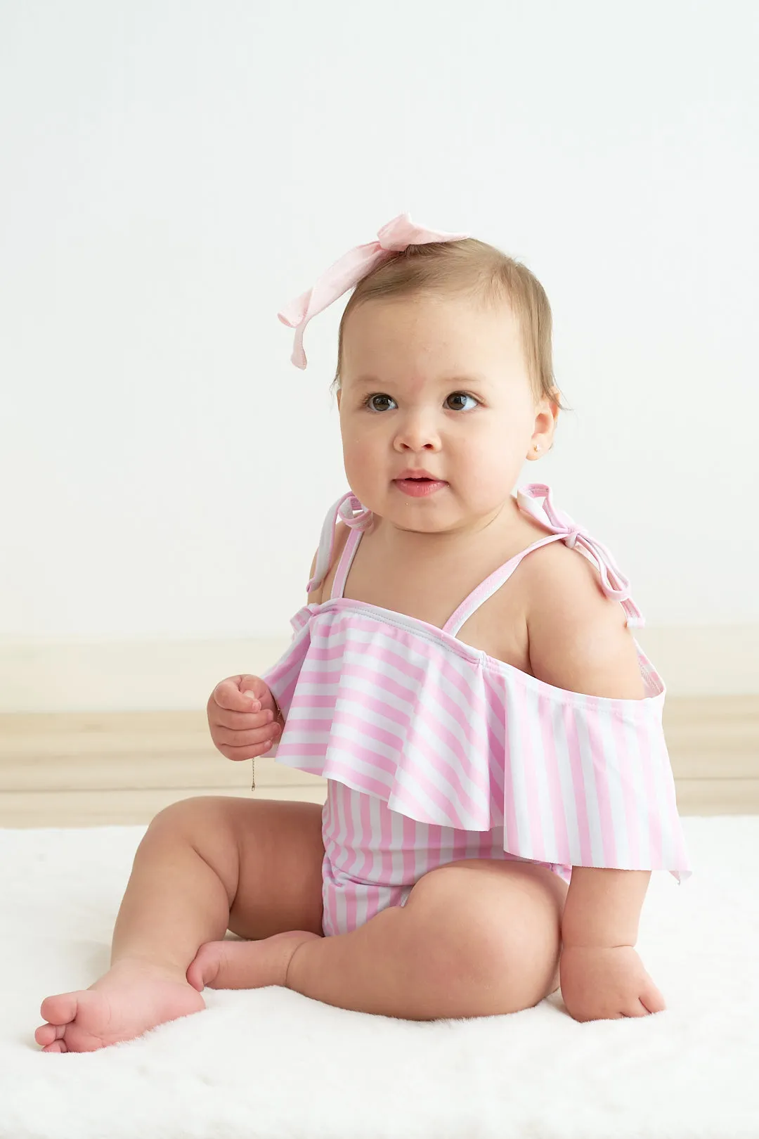 Pink Stripe Strap Girl Swimsuit One Piece Upf50 