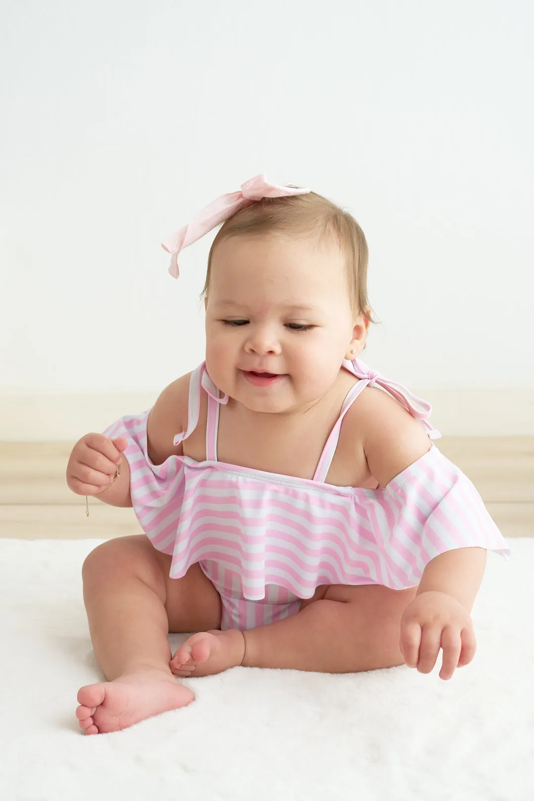 Pink Stripe Strap Girl Swimsuit One Piece Upf50 