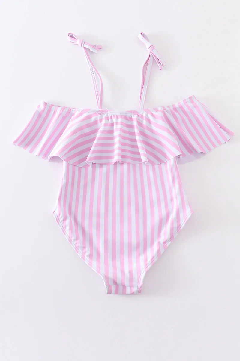 Pink Stripe Strap Girl Swimsuit One Piece Upf50 