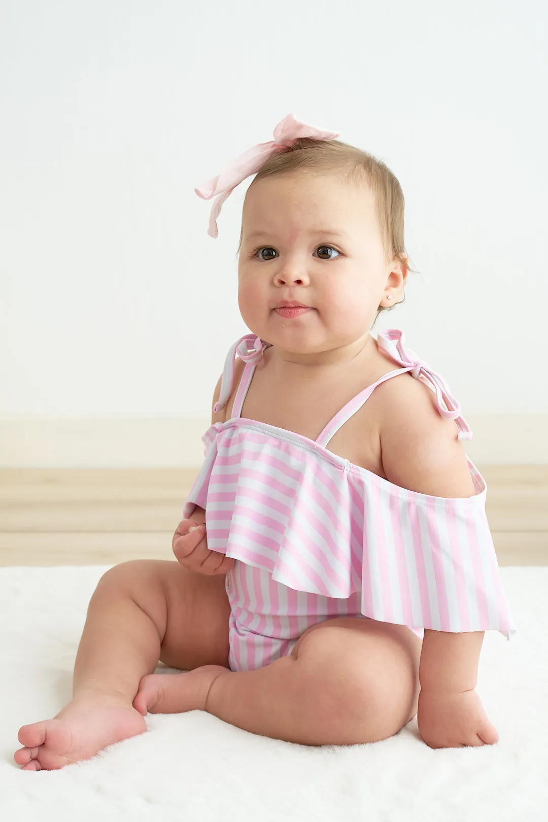 Pink Stripe Strap Girl Swimsuit One Piece Upf50 