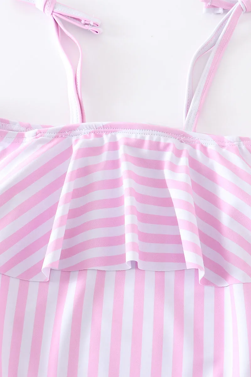 Pink Stripe Strap Girl Swimsuit One Piece Upf50 