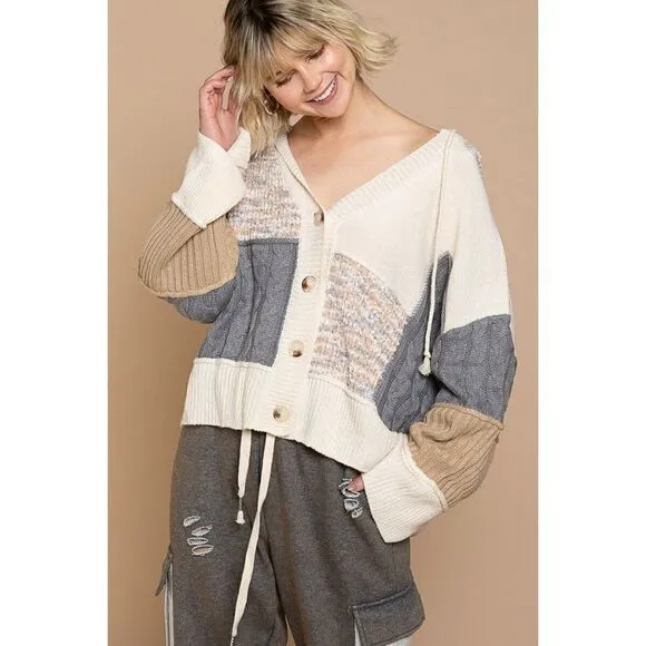 POL Clothing Color Block Sweater Cardigan Ivory Grey Multi Fall Winter YST598