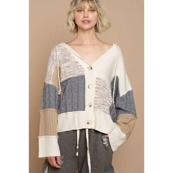 POL Clothing Color Block Sweater Cardigan Ivory Grey Multi Fall Winter YST598