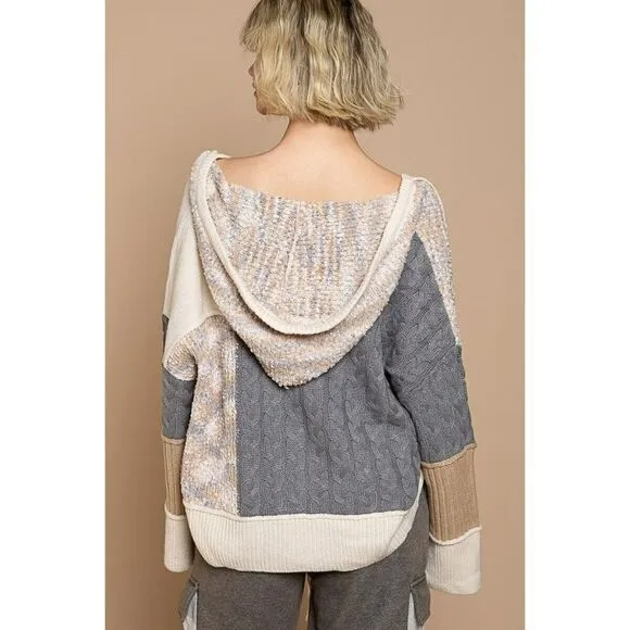 POL Clothing Color Block Sweater Cardigan Ivory Grey Multi Fall Winter YST598