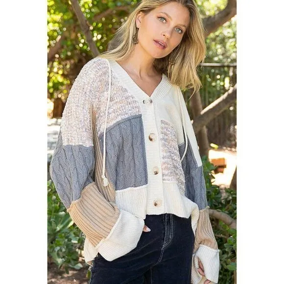 POL Clothing Color Block Sweater Cardigan Ivory Grey Multi Fall Winter YST598