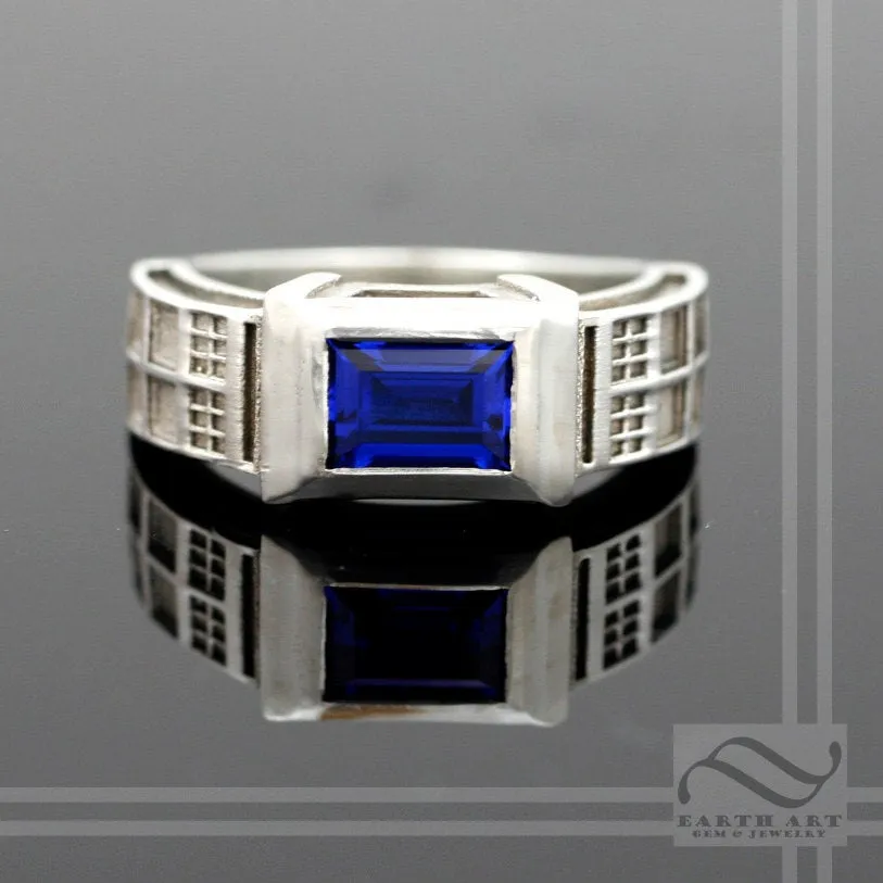 Police Box Ring Solid Sterling Silver -  With synthetic Sapphire