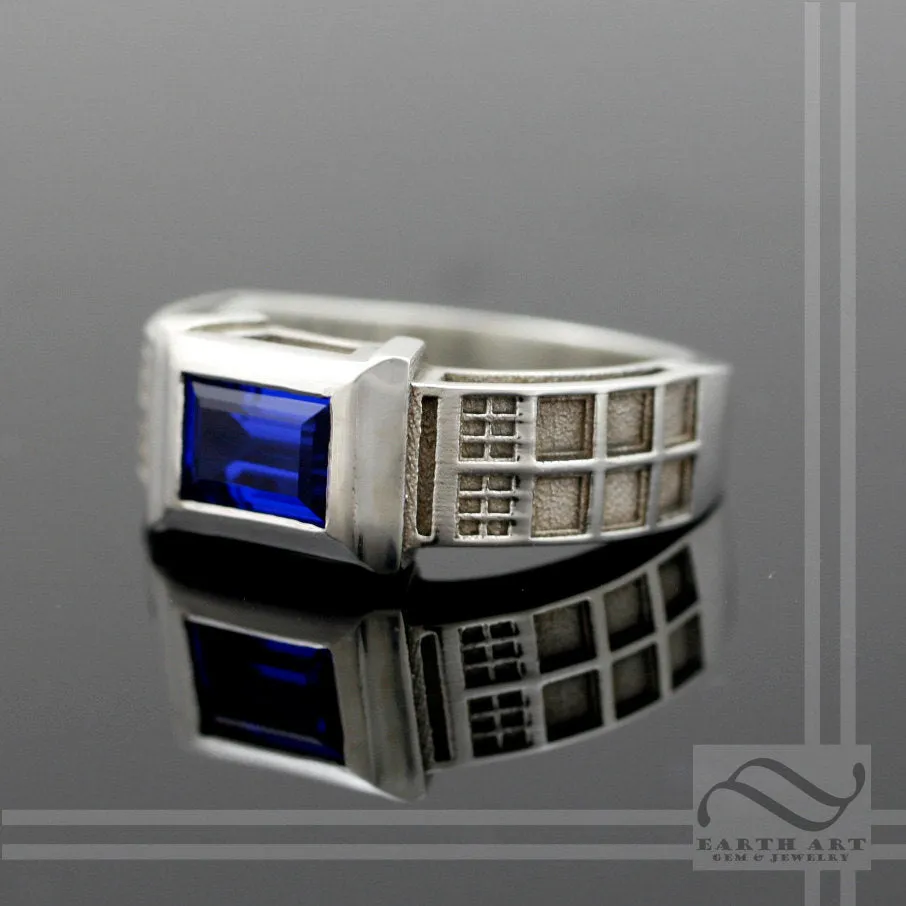 Police Box Ring Solid Sterling Silver -  With synthetic Sapphire