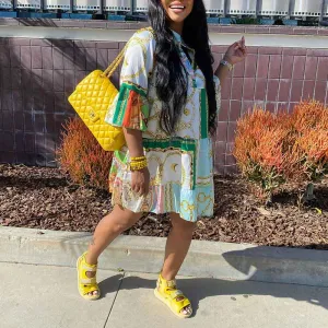 Print Flared Sleeve Loose Shirt Dress