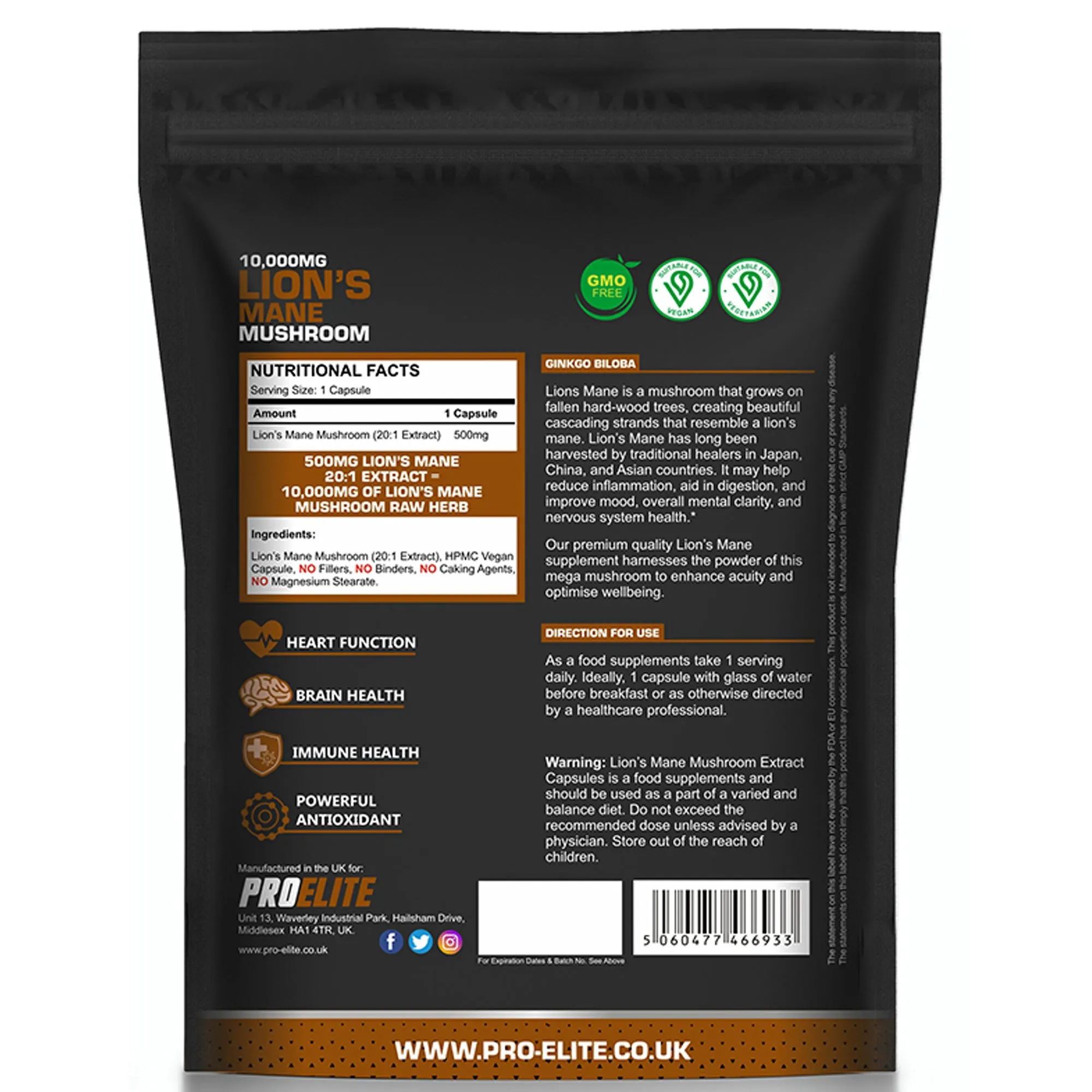 PROELITE Lions Mane Mushroom Vegan Capsules