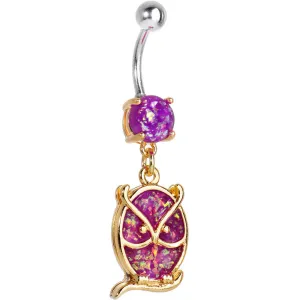 Purple Imitation Opal Gold Plated Wise Owl Dangle Belly Ring