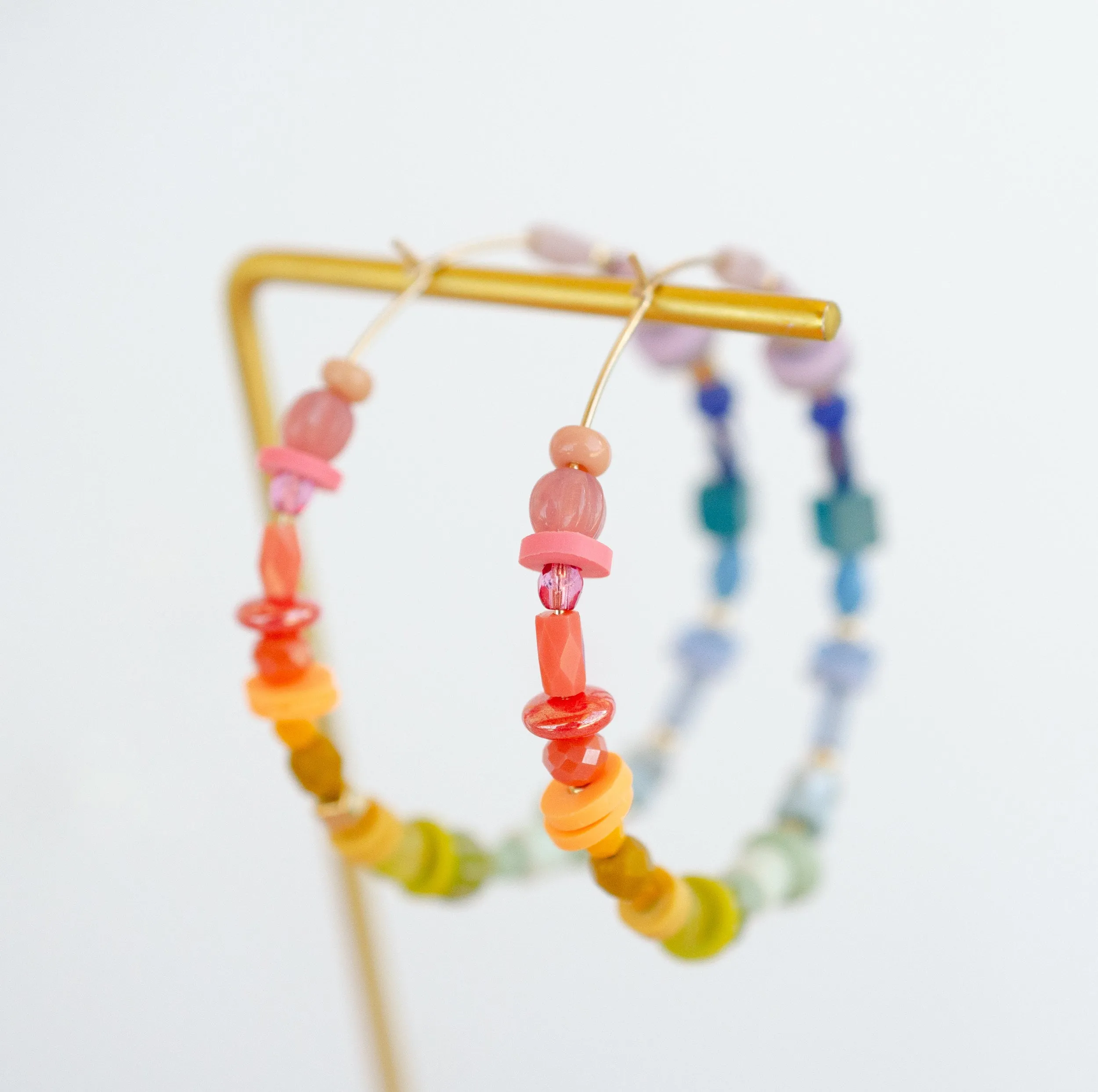 Rainbow Beaded hoops, Anniversary gift, gift for her, gold filled earrings, statement earrings, Large hoops, bright earrings, Pride earrings