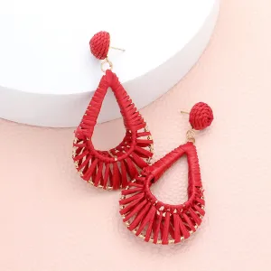 Red Raffia Wrapped Open Teardrop Fun Fashion Earrings | Runway Earrings |  596000