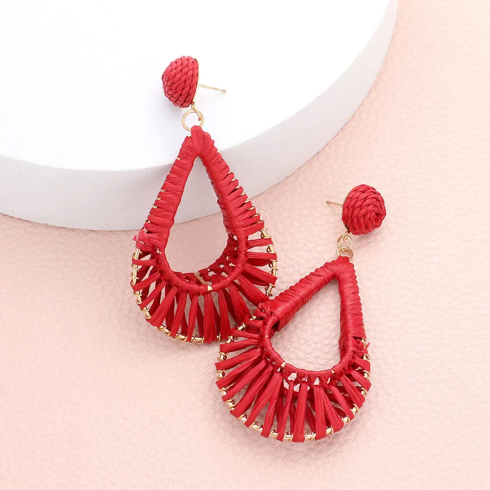 Red Raffia Wrapped Open Teardrop Fun Fashion Earrings | Runway Earrings |  596000