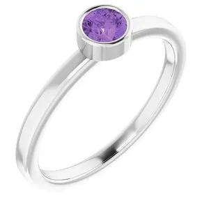 Rhodium-Plated Sterling Silver 4 mm Round Imitation Amethyst Ring