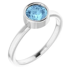 Rhodium-Plated Sterling Silver 6 mm Round Imitation Aquamarine Ring